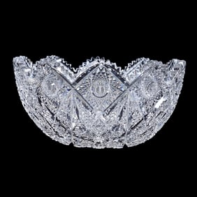 Punch Bowl, One Piece, American Brilliant Cut Glass, Signed Hawkes Kensington Pattern