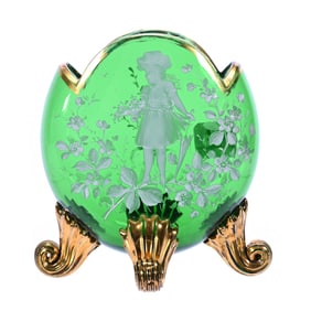 Footed Oval Vase, Green Art Glass