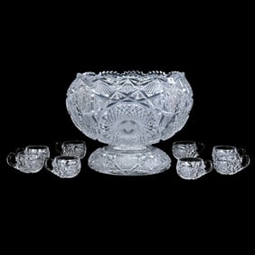 Punch Set, American Brilliant Cut Glass, Mercedes Pattern By Clark