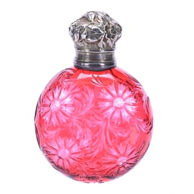 Perfume Bottle, Cranberry Cut To Clear Attributed To Stevens & Williams