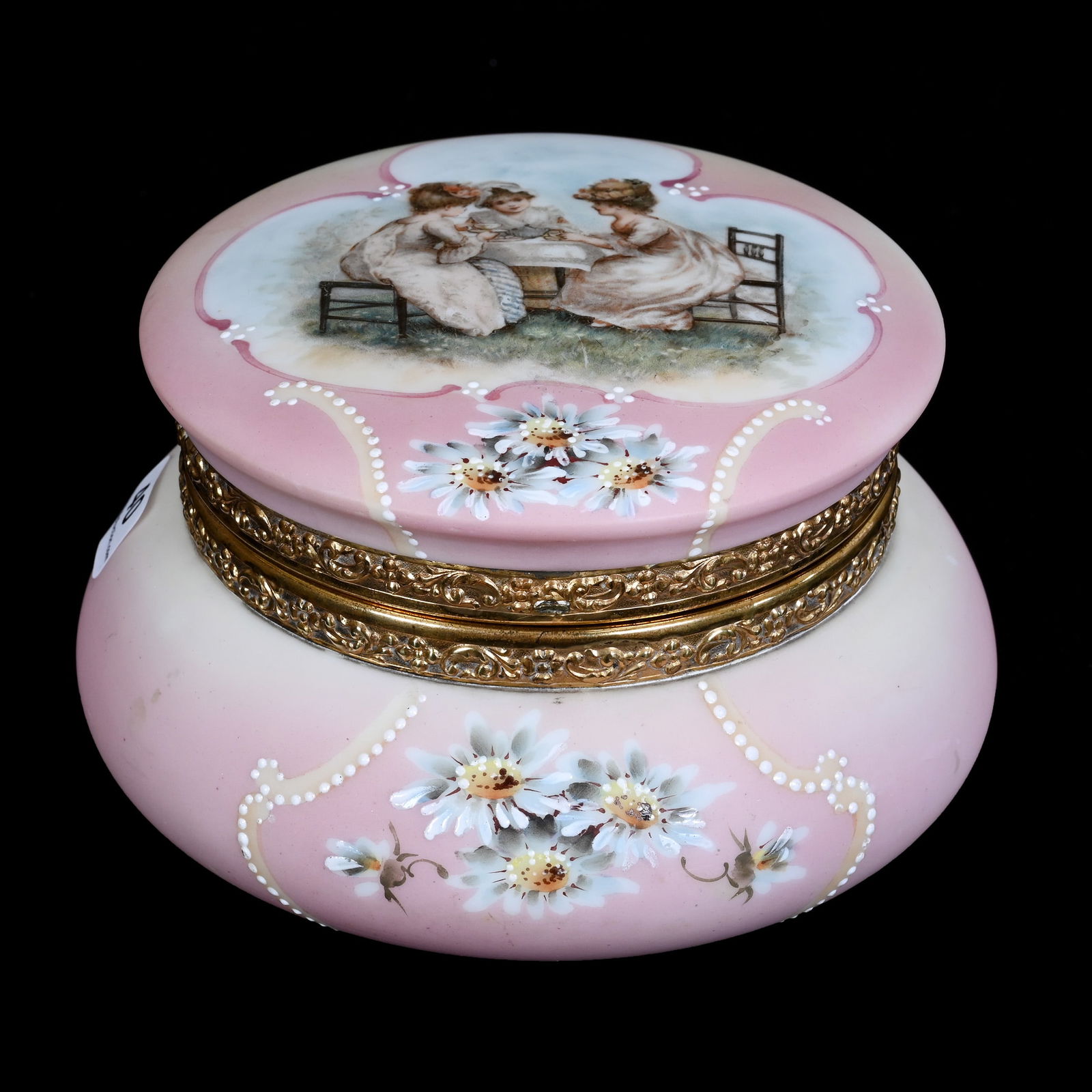 Jewel Box Marked Nakara Art Glass: Jewel Box Marked Nakara Art Glass, 3.75" x 6", Pink And Yellow Tones, Kate Greenaway And Blue Floral Decor, Beveled Mirror Inset In Lid, Missing Clasp, Maurine and The Late Al Edmond Collection, IA.