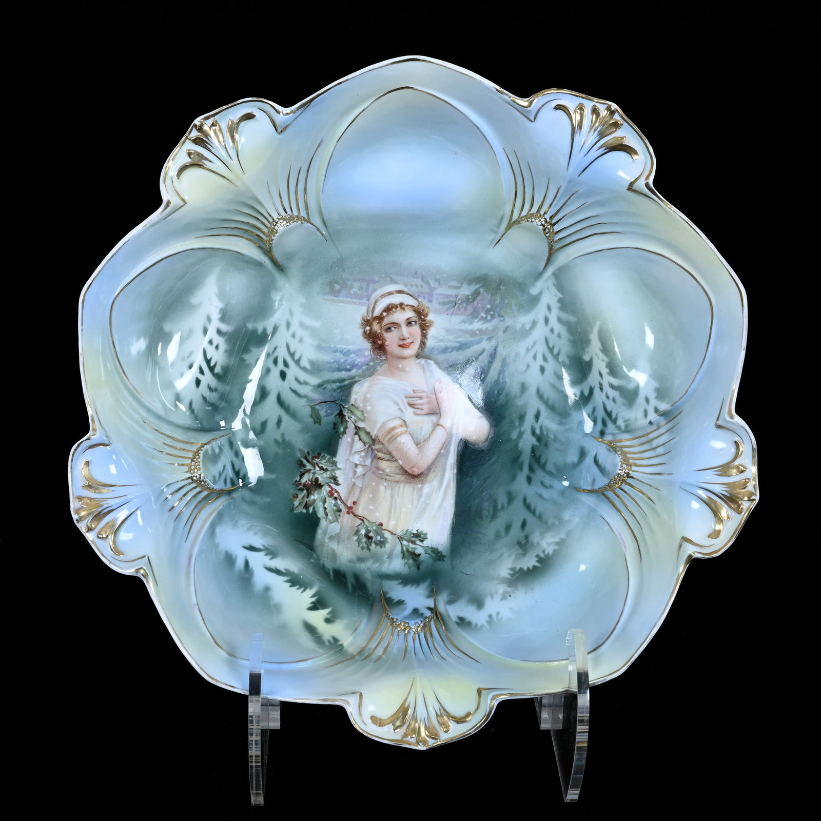 Bowl Marked R. S. Prussia, Winter Season Portrait Decor: Bowl Marked R. S. Prussia, Winter Season Portrait Decor, 10.5", Blue, Green And Yellow Tones, Gold Highlights, Nice Quality, Illinois Private Collection.