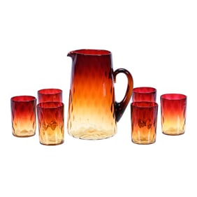Water Set, Diamond Quilted Amberina Art Glass
