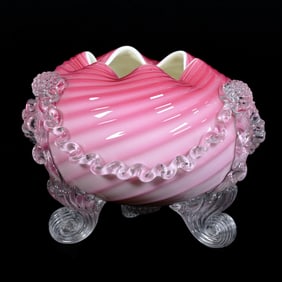 Rose Bowl, Cased Ribbed Swirl Art Glass Attributed To Stevens & Williams