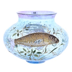 Vase, Signed Moser Art Glass, Blue Crackle With Enamel Fish Decor