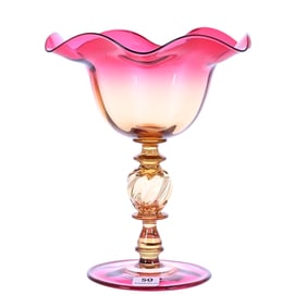 Ruffled Compote Signed Libbey, Beautiful Amberina Art Glass