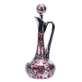 Handled Decanter, ABCG, Solid Cased Cranberry, Elaborate Sterling Silver Overlay Marked Alvin R3615