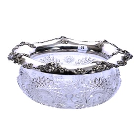 Bowl, American Brilliant Cut Glass, Gorham Sterling Silver Rim