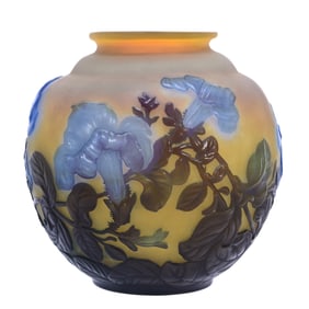 Bulbous Vase Signed Galle French Cameo Souffle Relief, Morning Glory Pattern