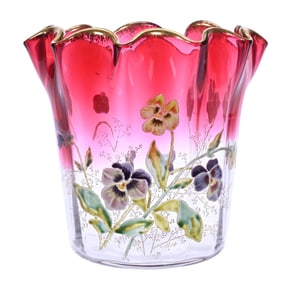 Vase, Unmarked Moser Rubina Art Glass With Colorful Enamel Pansy Decor