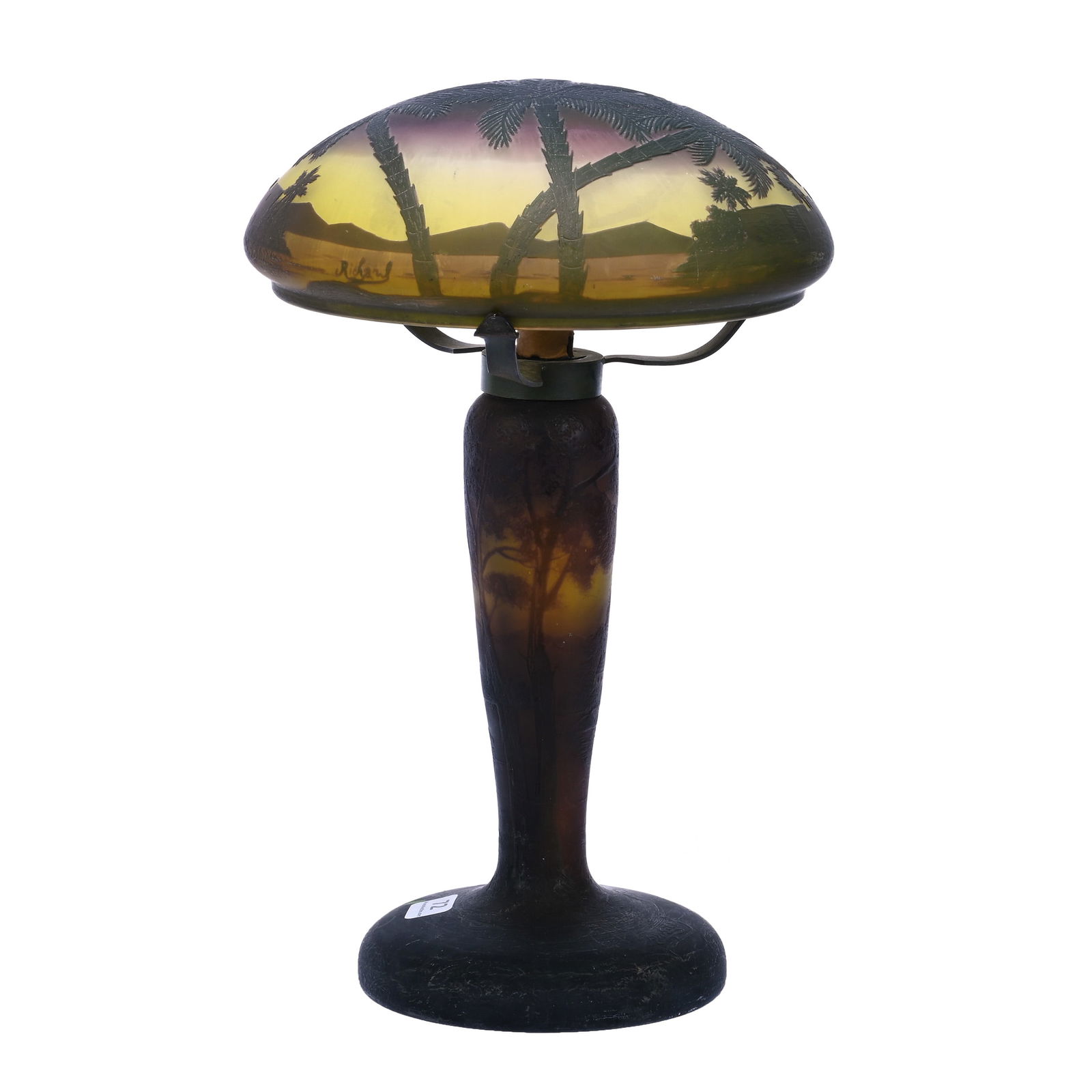 Desk Lamp Signed Richard Cameo Glass By Loetz: Desk Lamp Signed Richard Cameo Glass By Loetz, 12.5" x 8", Yellow Ground With Amethyst Cameo Cutback Overlay Scene Of Desert Oasis, Electrified, Single Bulb, New York Private Collection.