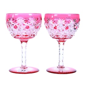 Pair Wine Stems, American Brilliant Cut Glass, Russian Pattern, Cranberry Cut To Clear