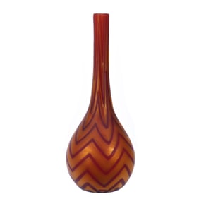 Vase, Orange And Cranberry Satin Herringbone Art Glass