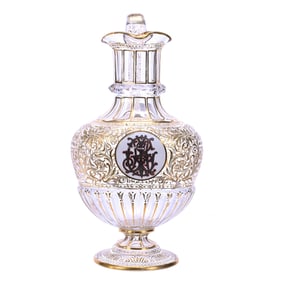 Pedestal Side Handled Pitcher, Clear Bohemian Art Glass With Engraved Floral Design, Gilded