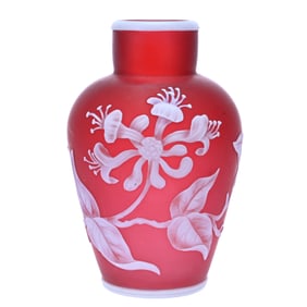 Vase, English Cameo Art Glass, Frosted Cranberry Ground