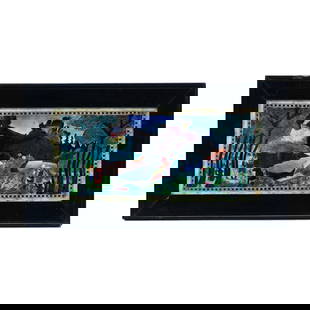 Plaque Marked Wedgwood Fairyland Lustre #Z5158, Picnic By A River Pattern: Plaque Marked Wedgwood Fairyland Lustre #Z5158, Picnic By A River Pattern, 4.75" x 10.5", Designed By Daisy Makeig-Jones, 12.5" x 7" Overall Size Of Original Frame, Backing Needs Secured, Paul Pellet