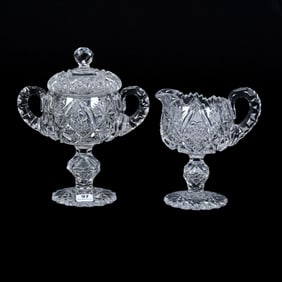 Pedestal Creamer And Covered Sugar, American Brilliant Cut Glass, Fredericka Pattern