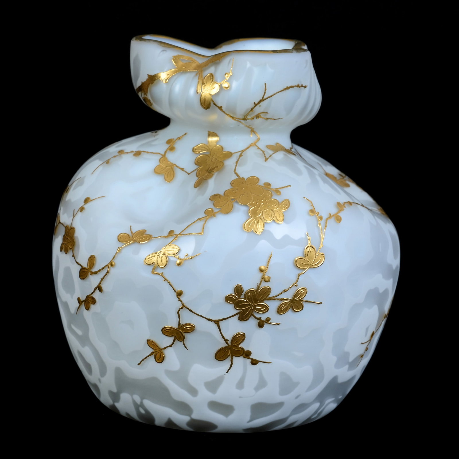 Vase, Pinched Neck, White Satin Random Pattern Mother Of Pearl Art Glass: Vase, Pinched Neck, White Satin Random Pattern Mother Of Pearl Art Glass, 6.5" x 6", Gold Blossom And Branch Decor, Maurine and The Late Al Edmond Collection, IA. UPDATED 3-20-25: Gold Leaf Added To C