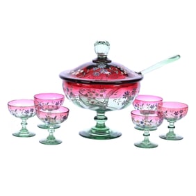 Pedestal Covered Punch Set, Unmarked Moser Rubina Verde Art Glass