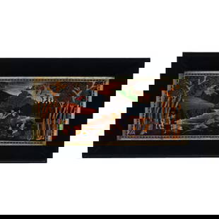 Plaque Marked Wedgwood Fairyland Lustre #Z5156, Picnic By A River Pattern: Plaque Marked Wedgwood Fairyland Lustre #Z5156, Picnic By A River Pattern, 4.75" x 10.5", Designed By Daisy Makeig-Jones, 12.5" x 7" Overall Size Of Original Frame, Paul Pellet Estate Collection.