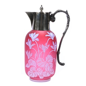 Ewer, English Cameo Art Glass, Frosted Cranberry Ground