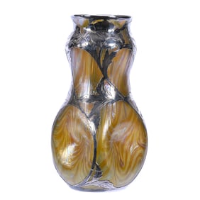 Vase, Unmarked Loetz Art Glass, Yellow Opalescent Ground With Pulled Silver/Blue Design