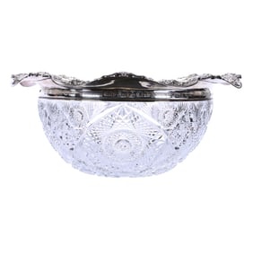 Presentation Punch Bowl, One Piece, American Brilliant Cut Glass, Sterling Silver Collar