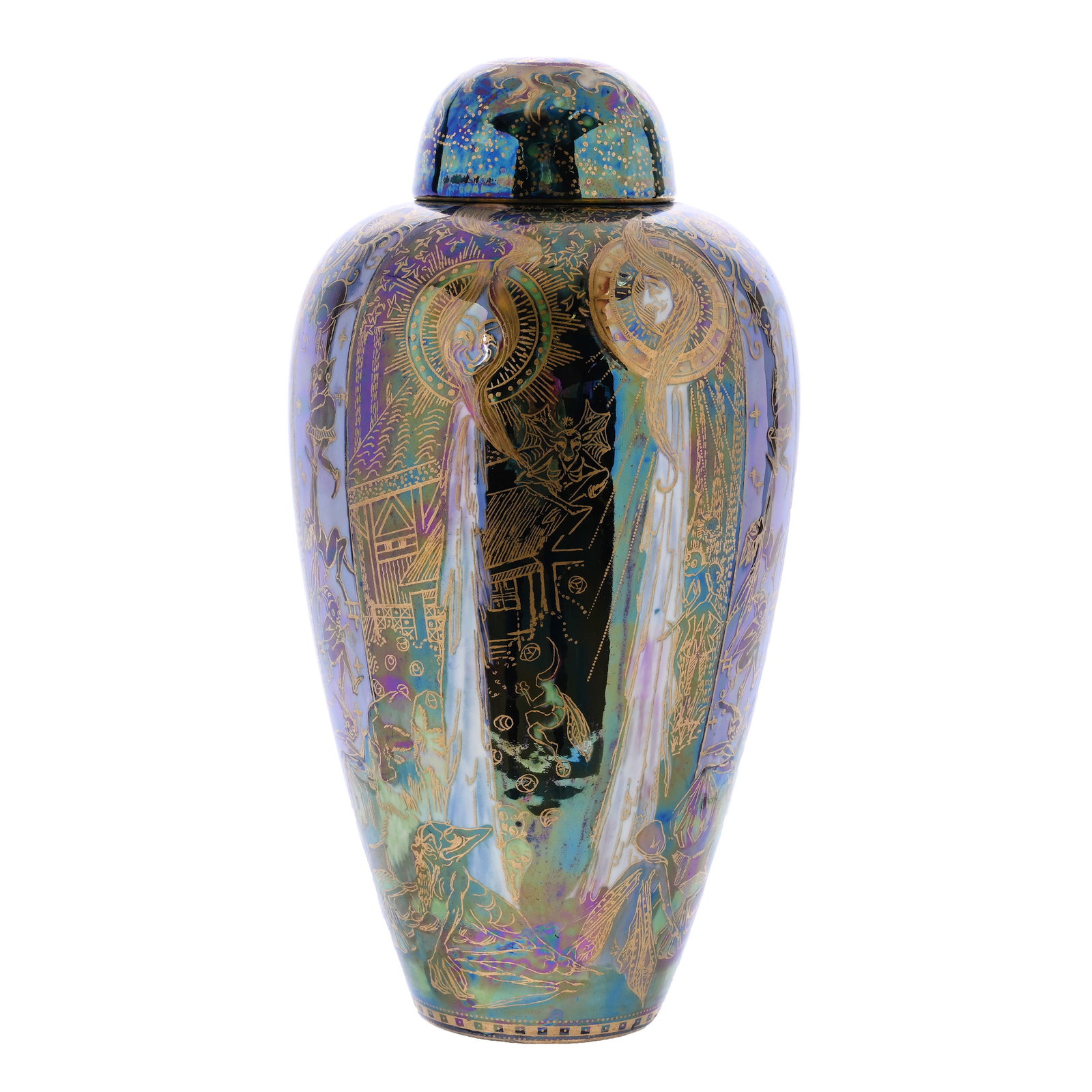 Malfrey Pot Marked Wedgwood Fairyland Lustre #Z5157 On Malfrey Pot #2311, Candlemas Pattern: Malfrey Pot Marked Wedgwood Fairyland Lustre #Z5157 On Malfrey Pot #2311, Candlemas Pattern, 8.5" x 4.25", Designed By Daisy Makeig-Jones, Fantastic Example, Exactly As Featured In Una's Book, Page 16