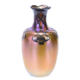 Vase Marked Quezal Art Glass, Gold Iridescent With Sterling Silver Overlay