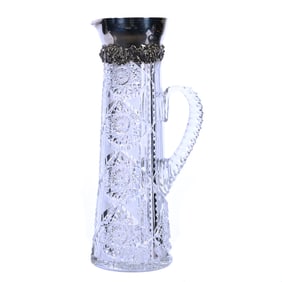 Tankard, American Brilliant Cut Glass, Embossed Sterling Silver Collar