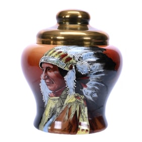 Humidor, Marked Nakara Indian Chief Portrait On Brown Ground, Brass Fitted Lid