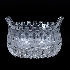 Ice Bucket, Tab Handles, American Brilliant Cut Glass, Alhambra Pattern By Meriden,