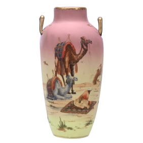 Vase, Two Handles, Decorated Burmese Art Glass By Mt. Washington