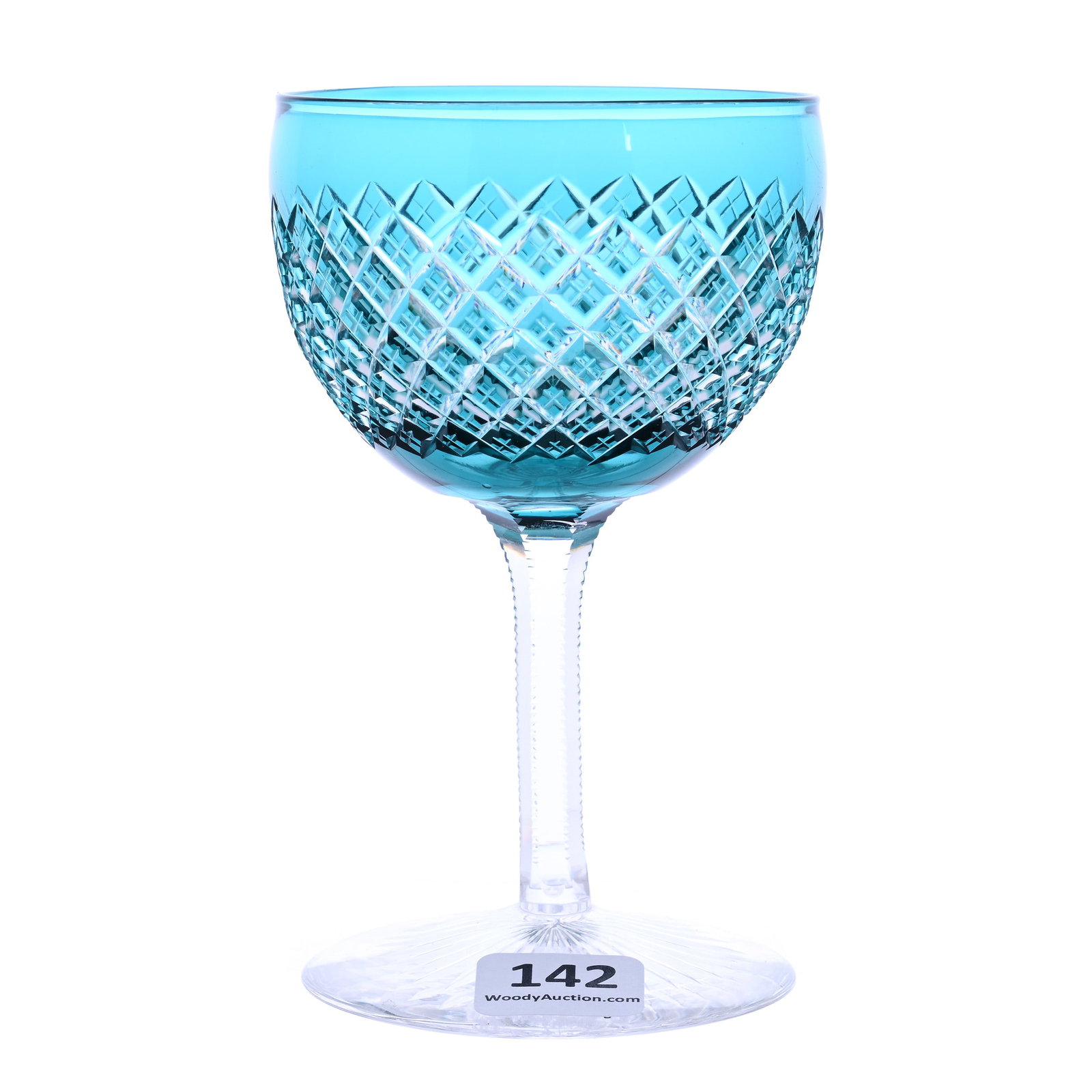 Wine Stem, American Brilliant Cut Glass, Turquoise Cut To Clear: Wine Stem, American Brilliant Cut Glass, Turquoise Cut To Clear, 4.75" x 2.75", Crosscut Diamond Motif, Solid Notched Stem, Ray Cut Foot, Maurine and The Late Al Edmond Collection, IA.