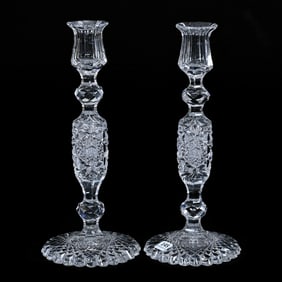 Pair Candlesticks, American Brilliant Cut Glass, Hobstar, Strawberry Diamond, Star And Fan Motif