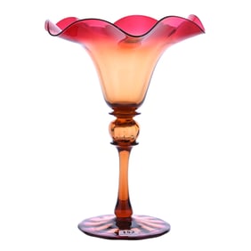 Pedestal Vase, Ruffled, Signed "Libbey Amberina" Art Glass