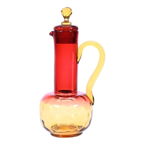Covered Ewer, Handled, Unmarked Amberina Art Glass