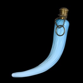 Laydown Perfume, Horn Shape, Blue Satin Diamond Quilted Mother Of Pearl Art Glass, Brass Flip Top
