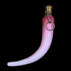 Laydown Perfume, Horn Shape, Cranberry Satin Diamond Quilted Mother Of Pearl Art Glass