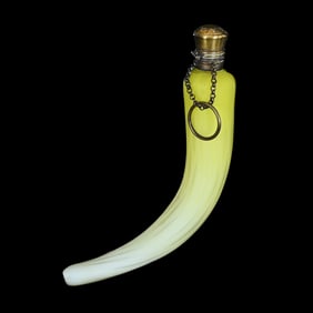 Laydown Perfume, Horn Shape, Yellow Satin Diamond Quilted Mother Of Pearl Art Glass
