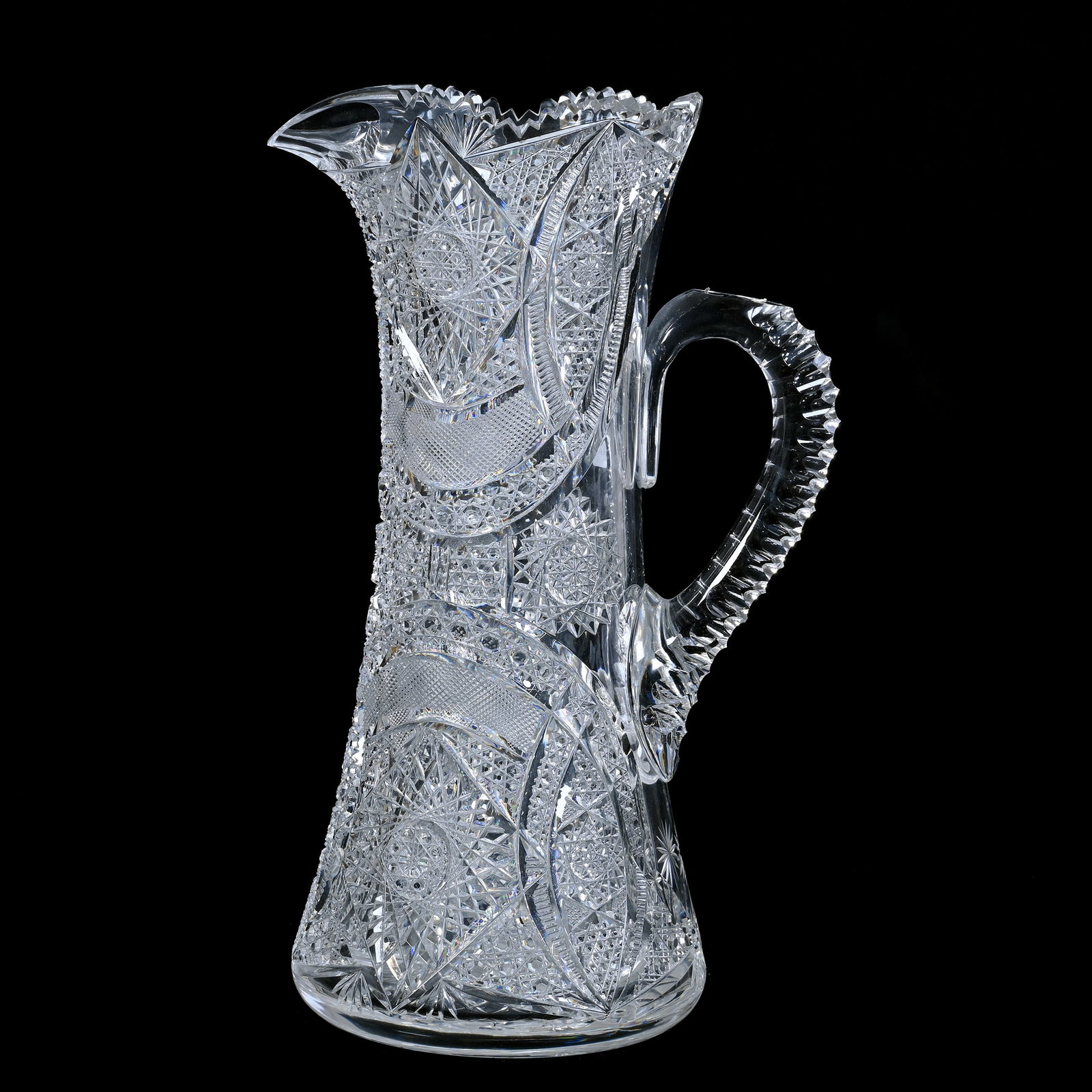 Tankard, ABCG, Superbly Cut Hobstar, Vesica, Cane, Strawberry Diamond, Nailhead Diamond And Fan: Tankard, American Brilliant Cut Glass, Superbly Cut Hobstar, Vesica, Cane, Strawberry Diamond, Nailhead Diamond And Fan, 13" x 8", Triple Notched Handle, Hobstar Base, Tooth Chip, Maurine and The Late