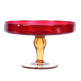 Pedestal Cake Stand Marked "Libbey Amberina" Art Glass