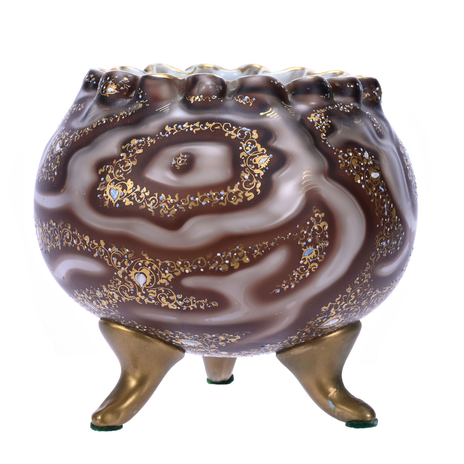 Rose Bowl, Three Feet, Loetz Victoria Art Glass, Circa 1887: Rose Bowl, Three Feet, Loetz Victoria Art Glass, Circa 1887, 5.5" X 6", Embellished Octopus Pattern, E151, Fantastic Example, Some Gold Crazing On One Foot, Maurine and The Late Al Edmond Collection,