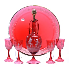 Liqueur Set, Cranberry Art Glass, White Mary Gregory Scenic Decor