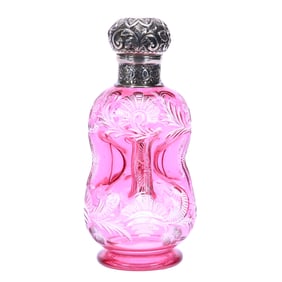 Perfume Bottle, Kluk-Kluk (Glug Glug) Design, BPCG, Stevens & Williams Cranberry Cut To Clear