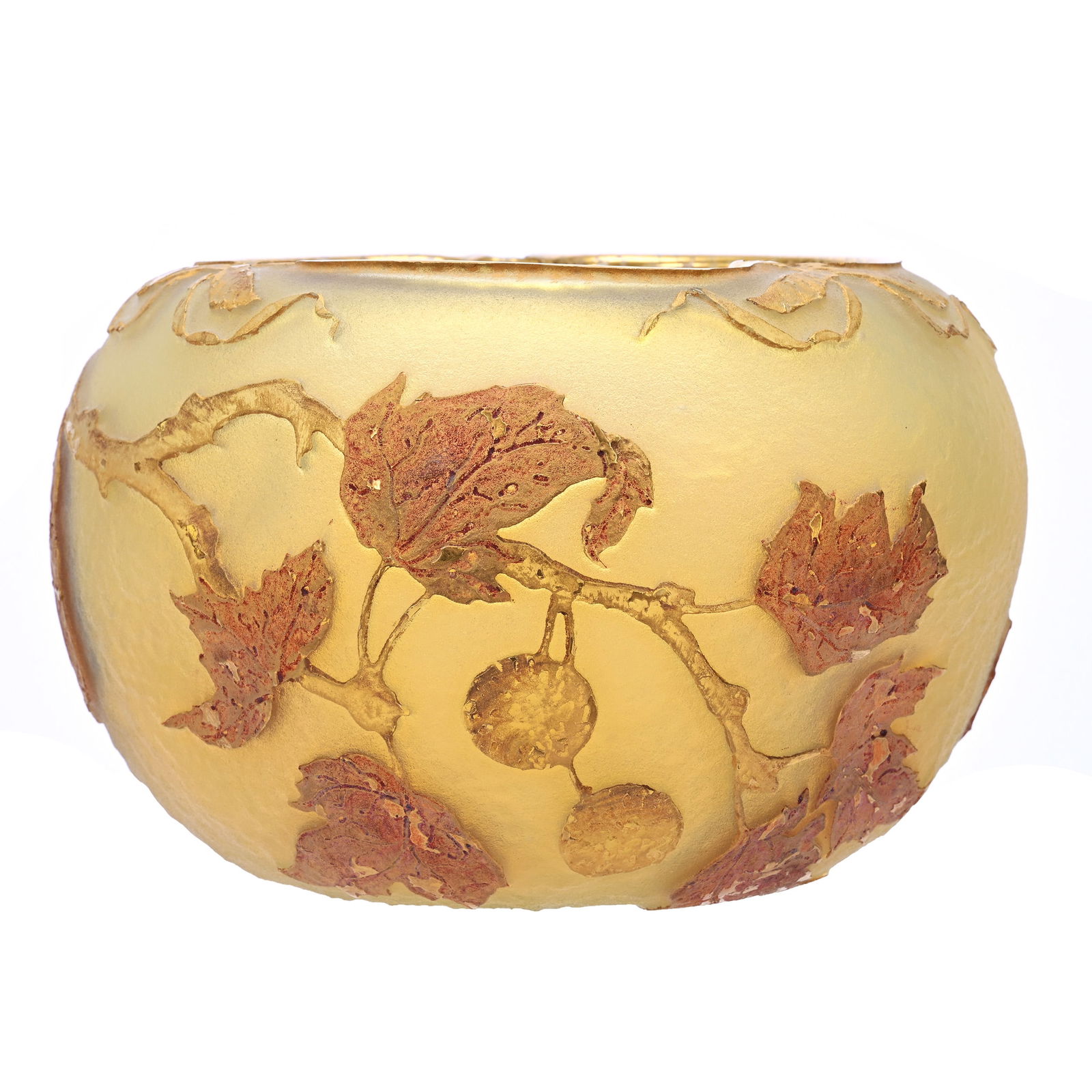 Rose Bowl Vase, Signed Daum Nancy French Cameo Art Glass: Rose Bowl Vase, Signed Daum Nancy French Cameo Art Glass, 5.25" x 8", Yellow Opalescent Ground With Carved Cameo Sycamore Branch Decor With Gilded Highlights, Beautiful Example, California Private Col