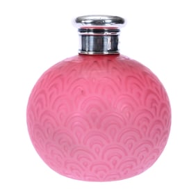 Ball Perfume Bottle, Pink Satin Mother Of Pearl Peacock Eye Pattern Art Glass