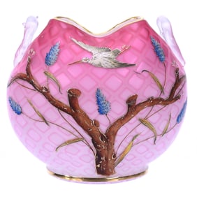 Pillow Vase, Two Handles, Pink Satin Diamond Quilted Mother Of Pearl Art Glass