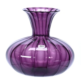 Flower Center, Marked Durand "1986-10" Amethyst Ribbed Art Glass