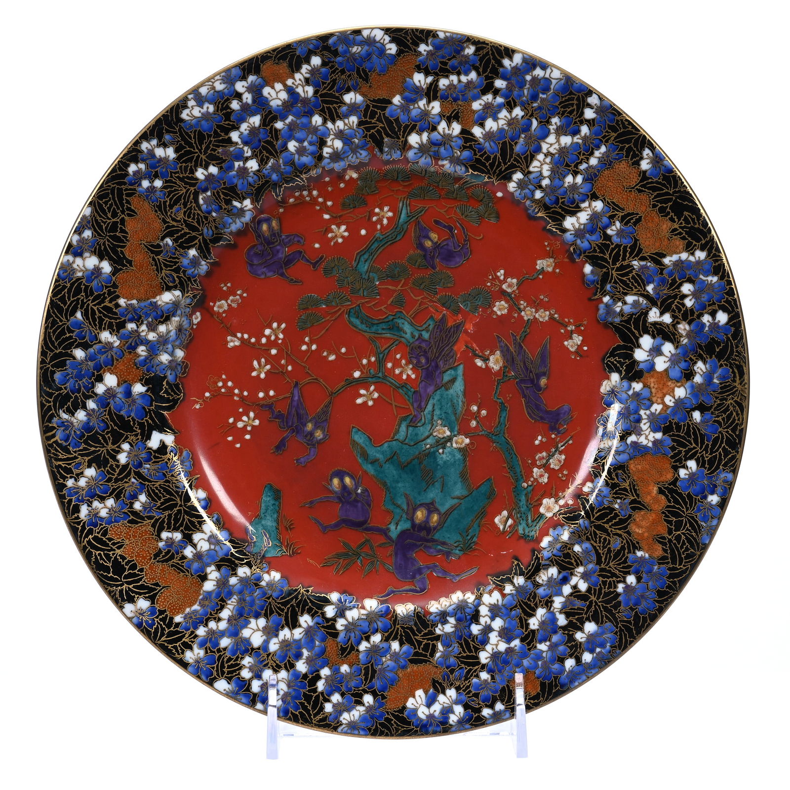 Plate Marked Wedgwood Fairyland Lustre, Firbolgs Centre With Black, Red And Cobalt Imp Border #W557 (1 of 4)